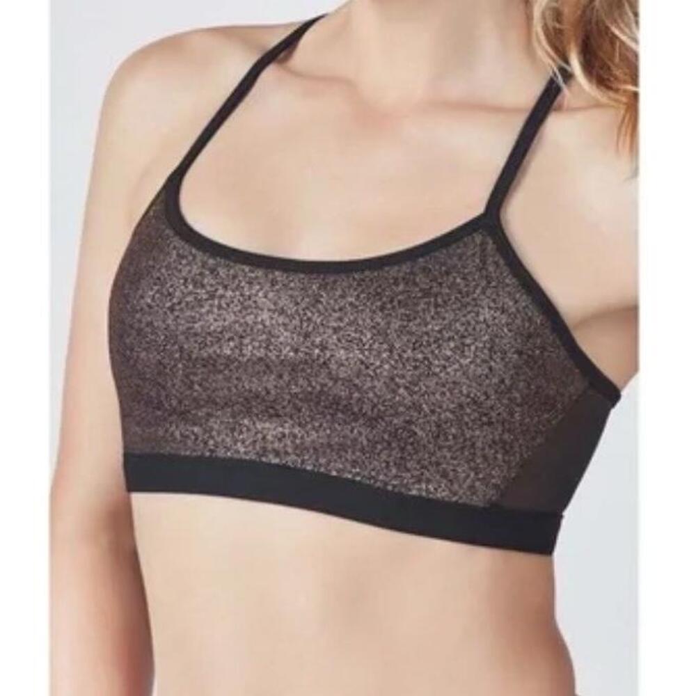 Fabletics Sports Bra Womens Size XL Black Spaghetti Straps Bronze Metallic Front